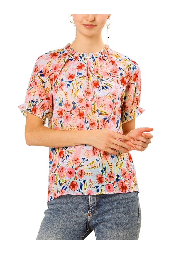 Women's Blouse Floral Ruffled Short Sleeve Ruffle Neck Casual Blouses S White