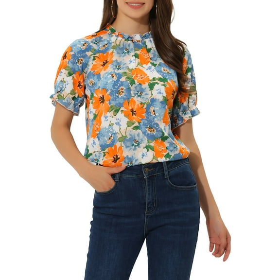 INSPIRE CHIC Women's Blouse Floral Ruffled Short Sleeve Ruffle Neck Casual Blouses XS Blue Orange