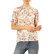 Allegra K Women's Floral Ruffled Short Sleeve Ruffle Neck Casual Blouses XS White