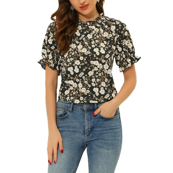 Allegra K Women's Floral Ruffled Short Sleeve Ruffle Neck Casual Blouses