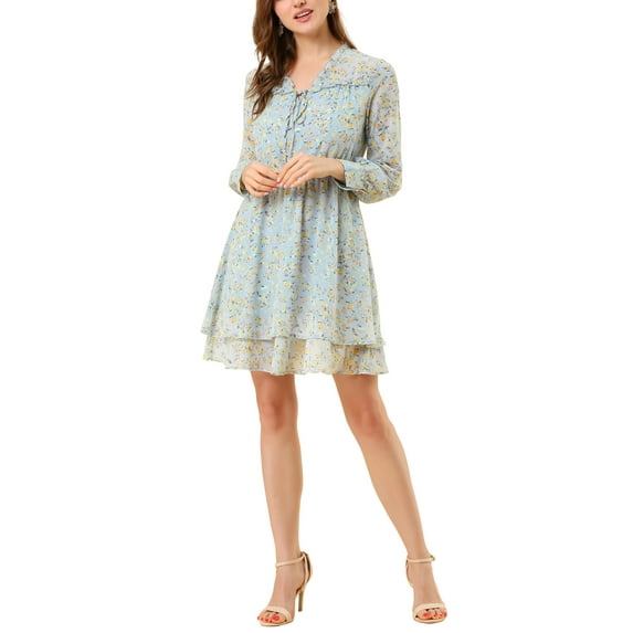 INSPIRE CHIC Women's Floral Ruffled Tie V Neck Vintage Layered Chiffon Mini Dress M Blue