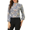 thumbnail image 1 of INSPIRE CHIC Women's Floral Semi Sheer Keyhole Blouses Stand Collar Puff Long Sleeve Tops, 1 of 6