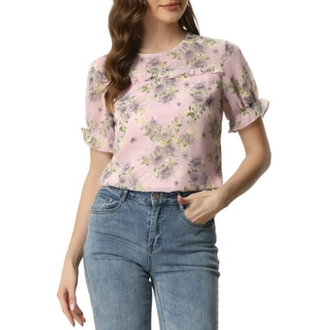 Allegra K Women's Floral Short Sleeve Ruffled Trim Chiffon Blouse Top L Pink Grey