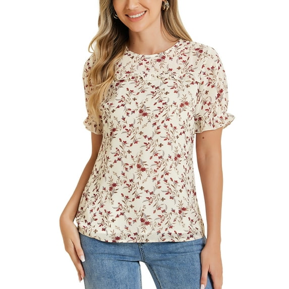 INSPIRE CHIC Women's Chiffon Tops Short Sleeves Ruffled Trim Floral Work Office Blouse L White Red