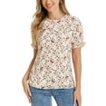 thumbnail image 1 of INSPIRE CHIC Women's Chiffon Tops Short Sleeves Ruffled Trim Floral Work Office Blouse S White Red, 1 of 6