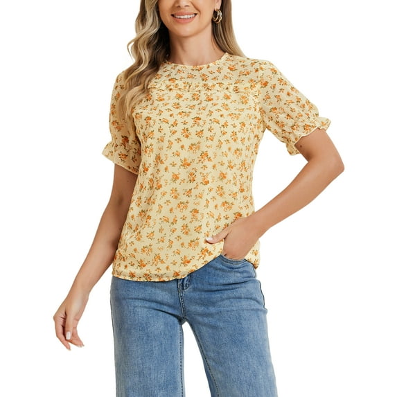 INSPIRE CHIC Women's Chiffon Tops Short Sleeves Ruffled Trim Floral Work Office Blouse XL Orange White