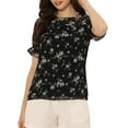 thumbnail image 1 of INSPIRE CHIC Women's Chiffon Tops Short Sleeves Ruffled Trim Floral Work Office Blouse XS Black, 1 of 6