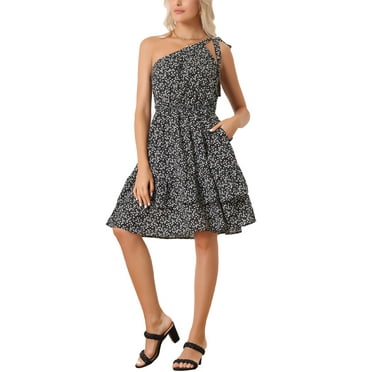 Allegra K Women's Floral Smocked Dress One Shoulder Mini Sundress Ruffle Swing Flowy Dress