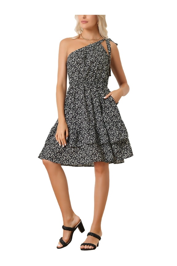 Women's Summer Sleeveless Boho Floral Mini One Shoulder Tie Ruffle Swing Beach Casual Short Dress Black XS