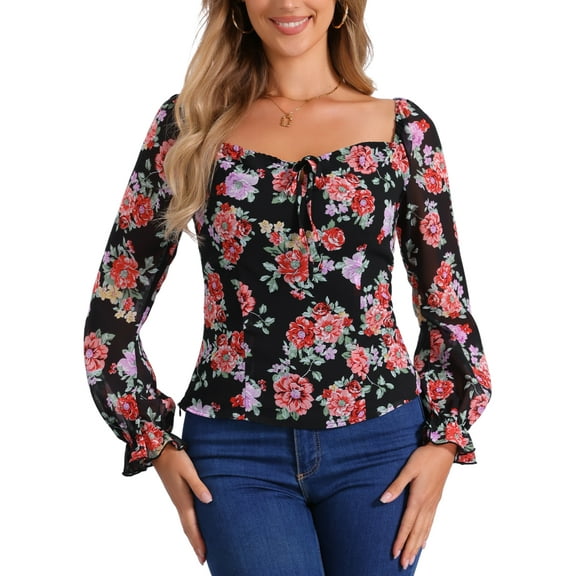 INSPIRE CHIC Women's Floral Smocked Top Elegant Puff Long Sleeve Square Neck Blouse L Black