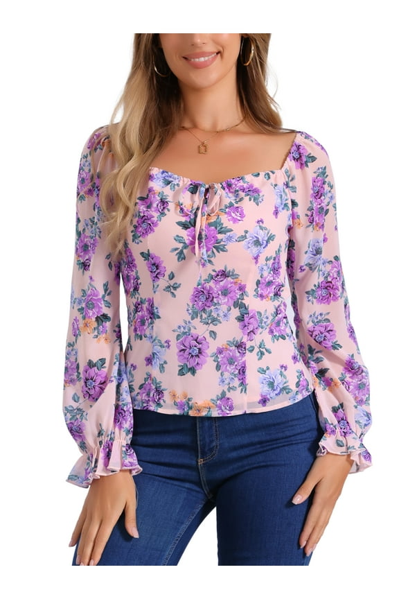 Women's Floral Smocked Top Elegant Puff Long Sleeve Square Neck Blouse L Pink