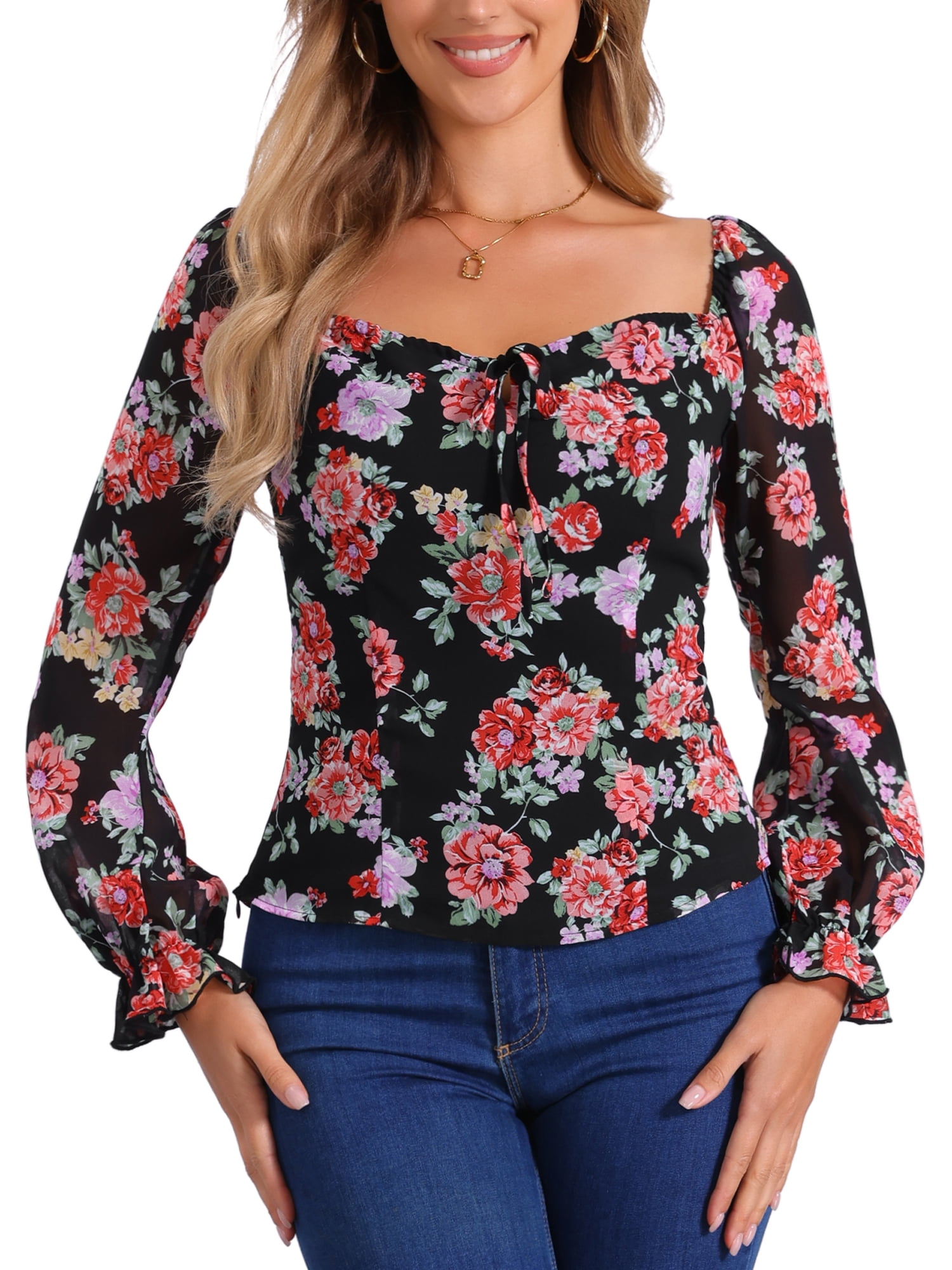 Allegra K Women's Smocked Square Neck Floral Dress – Long Sleeve, Dark Blue, Size Large - View #7