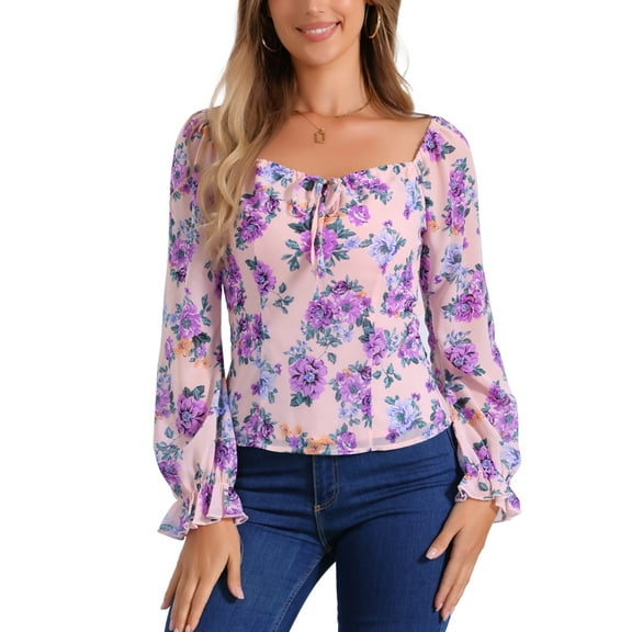 INSPIRE CHIC Women's Floral Smocked Top Elegant Puff Long Sleeve Square Neck Blouse S Pink