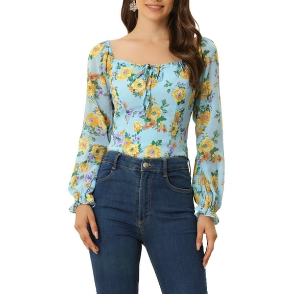INSPIRE CHIC Women's Floral Smocked Top Elegant Puff Long Sleeve Square Neck Blouse XL Light Blue