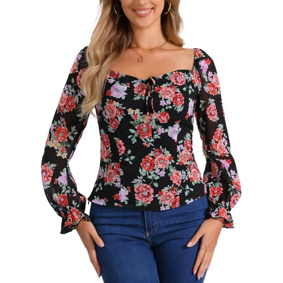 INSPIRE CHIC Women's Floral Smocked Top Elegant Puff Long Sleeve Square Neck Blouse XS Black