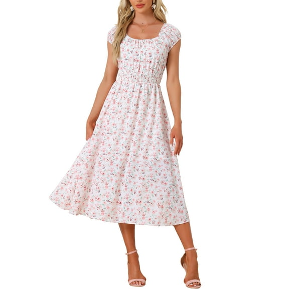 INSPIRE CHIC Women's Floral Square Neck Elastic Waist Flare Maxi Dress XS White
