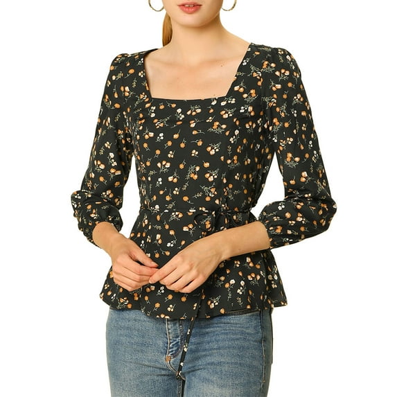 Allegra K Women's Floral Square Neck Long Sleeves Tie Waist Blouse