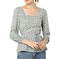 thumbnail image 1 of Allegra K Women's Floral Square Neck Long Sleeves Tie Waist Blouse, 1 of 7