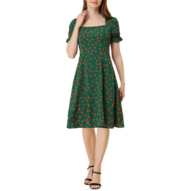 INSPIRE CHIC Women's Floral Square Neck Midi Smocked A-Line Dress Green M -  Walmart Business Supplies