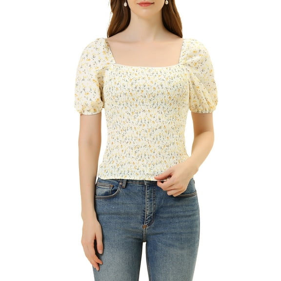 INSPIRE CHIC Women's Floral Square Neck Puff Sleeve Smocked Crop Blouse Top XL White