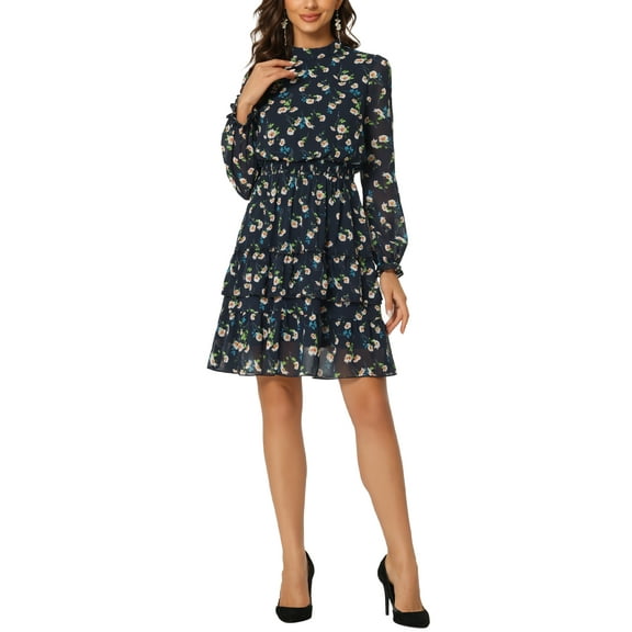 INSPIRE CHIC Women's Floral Stand Collar Tiered Ruffle Hem Long Sleeve Chiffon Dress S Deep Blue