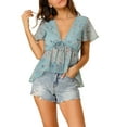 thumbnail image 1 of INSPIRE CHIC Women's Floral Summer Short Flare Sleeve V Neck Peplum Blouse Light Blue XS, 1 of 6