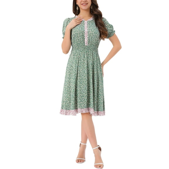 INSPIRE CHIC Women's Floral Sundress Ruffle Neck Smocked Waist Short Sleeve Dress L Light Green