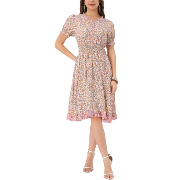 INSPIRE CHIC Women's Floral Sundress Ruffle Neck Smocked Waist Short Sleeve Dress M Beige