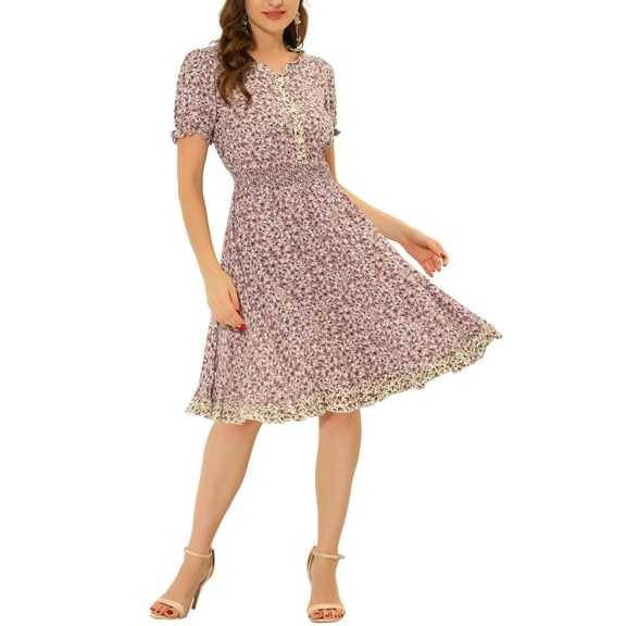 INSPIRE CHIC Women's Floral Sundress Ruffle Neck Smocked Waist Short Sleeve Dress M Pink