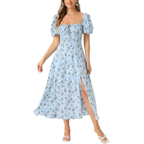 INSPIRE CHIC Women's Floral Sweatheart Tie Neck Split Smocked Puff Sleeves Maxi Dress M Light Blue