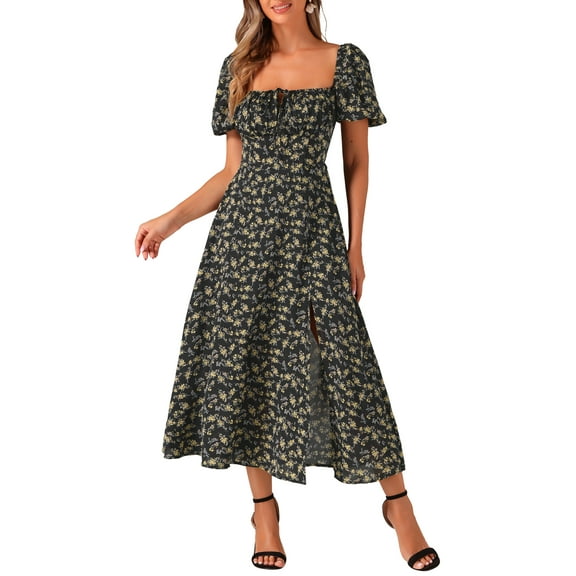 INSPIRE CHIC Women's Floral Sweatheart Tie Neck Split Smocked Puff Sleeves Maxi Dress S Black
