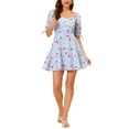 thumbnail image 1 of Allegra K Women's Floral Sweetheart Neck Puff Sleeve Fit and Flare A-Line Mini Dress, 1 of 4
