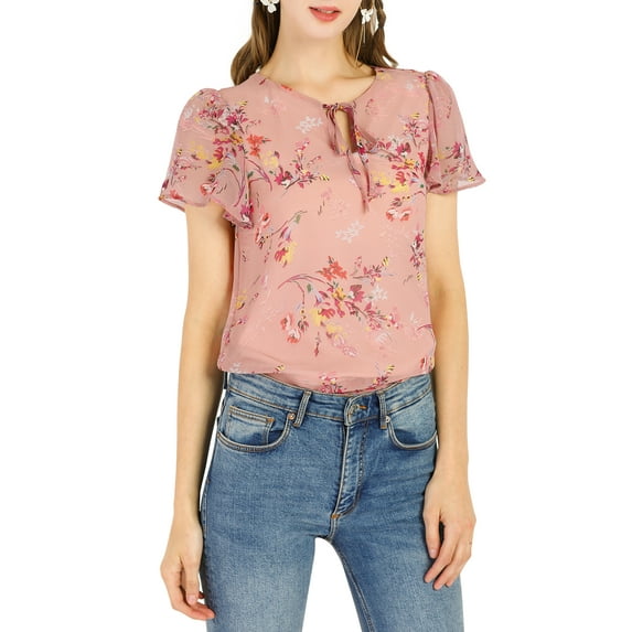 Allegra K Women's Floral Tie V Neck Flutter Sleeves Summer Blouse