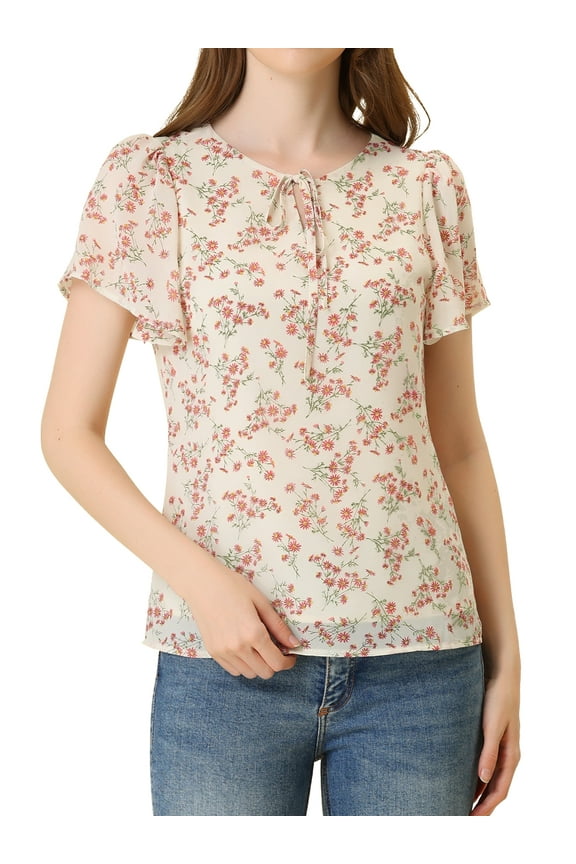 Women's Floral Tie V Neck Flutter Sleeves Summer Blouse