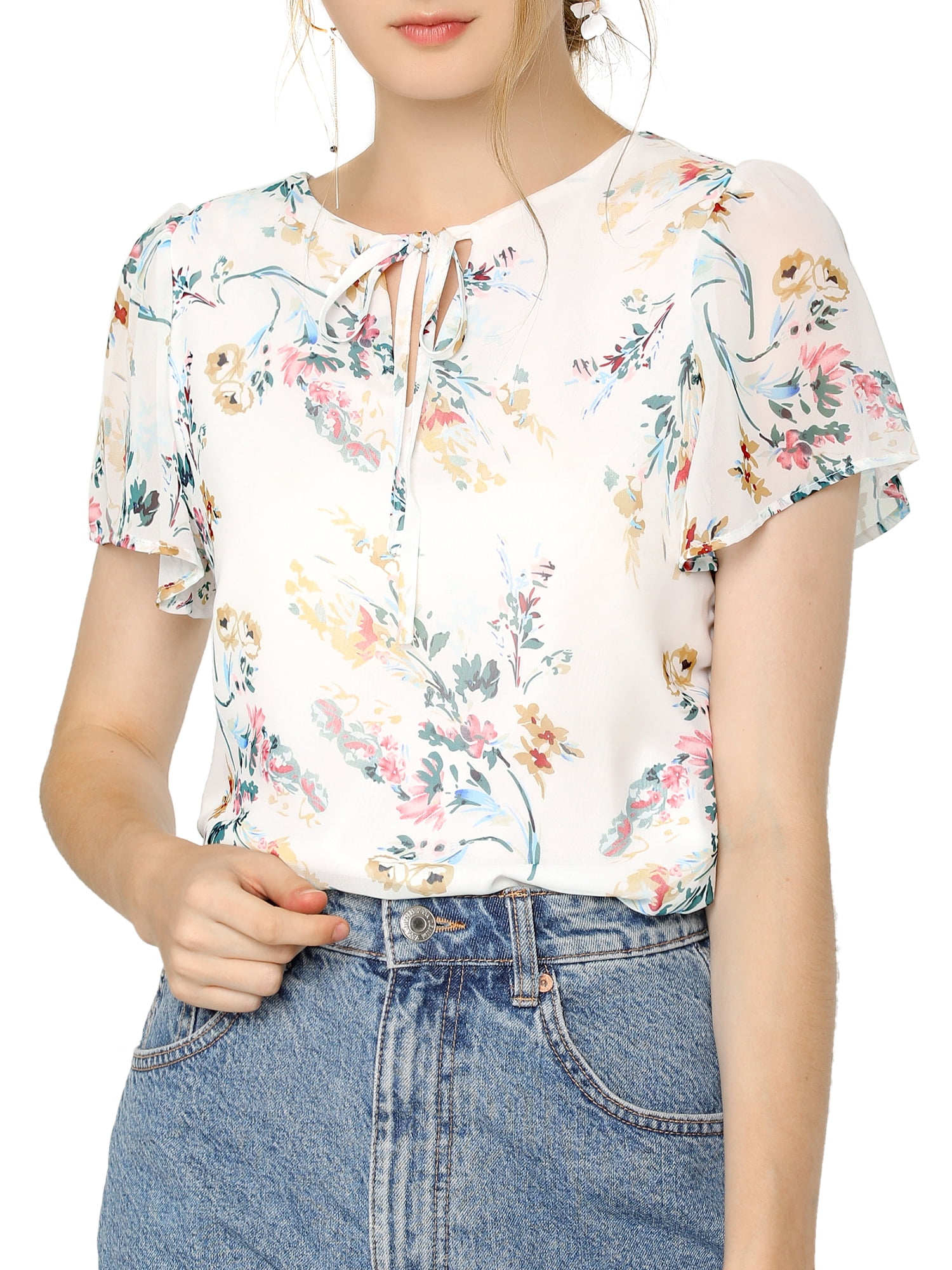 Acetate Blend Floral Neck Women Blouse