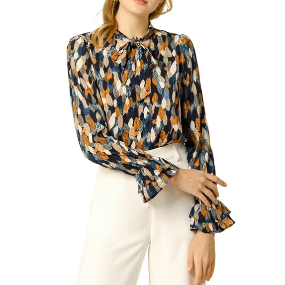 INSPIRE CHIC Women's Floral Tie V Neck Vintage Ruffle Trumpet Long Sleeve Top 2XL Blue Orange