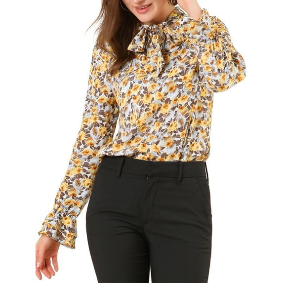 INSPIRE CHIC Women's Floral Tie V Neck Vintage Ruffle Trumpet Long Sleeve Top M Blue Yellow