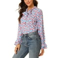 thumbnail image 1 of INSPIRE CHIC Women's Floral Tie V Neck Vintage Ruffle Trumpet Long Sleeve Top S Blue Red, 1 of 9