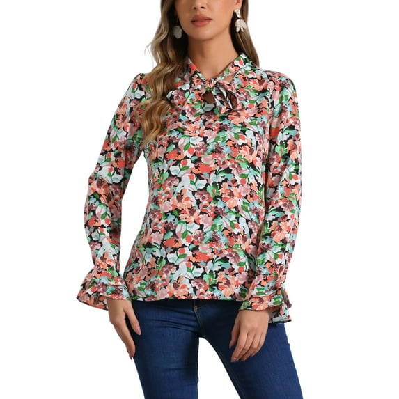 INSPIRE CHIC Women's Floral Tie V Neck Vintage Ruffle Trumpet Long Sleeve Top S Pink Blue