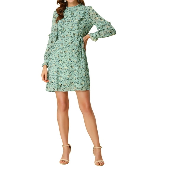 INSPIRE CHIC Women's Floral Tie Waist Long Sleeve Ruffle Chiffon Dress L Green