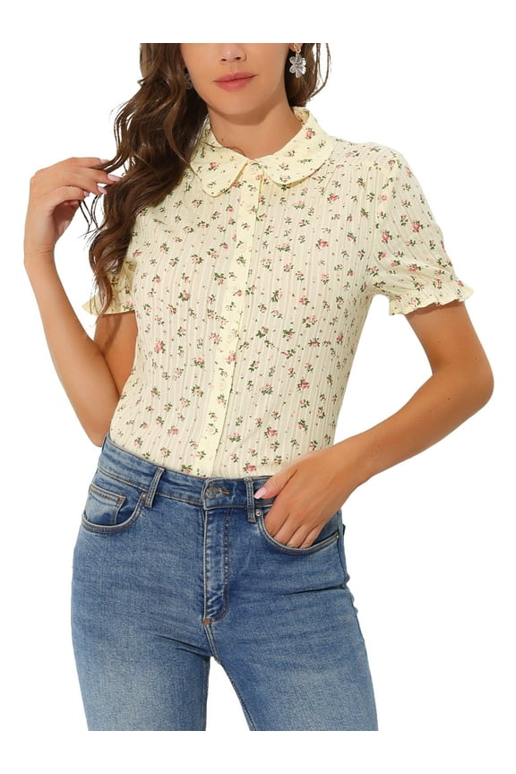 Women's Frilled Bubble Sleeve Peter Pan Collar Floral Printed Cotton Top for Casual Wear M Beige
