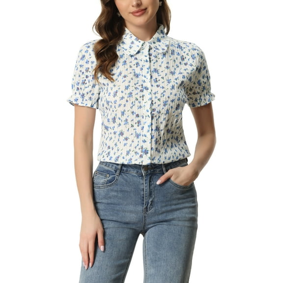 INSPIRE CHIC Valentine's Day Women's Frilled Tops Bubble Sleeves Peter Pan Collar Floral Print Cotton Blouses M Blue