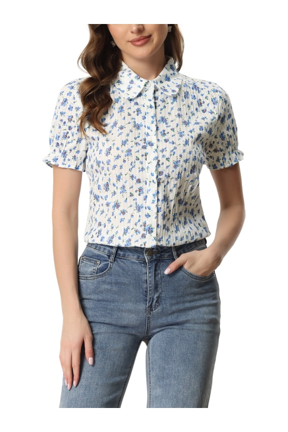 Women's Frilled Bubble Sleeve Peter Pan Collar Cotton Floral Top for Summer Casual Wear M Blue