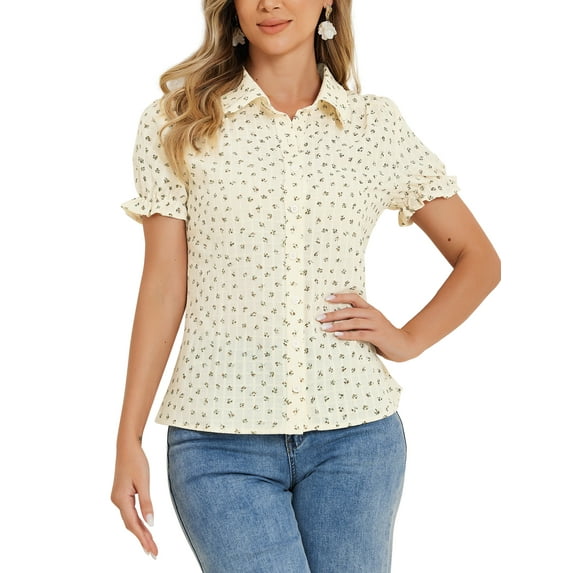 INSPIRE CHIC Valentine's Day Women's Frilled Tops Bubble Sleeves Peter Pan Collar Floral Print Cotton Blouses M Brown