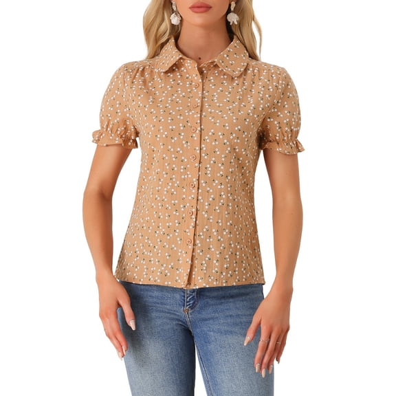 INSPIRE CHIC Women's Frilled Tops Bubble Sleeves Peter Pan Collar Floral Print Cotton Blouses M Light Orange