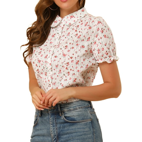INSPIRE CHIC Valentine's Day Women's Frilled Tops Bubble Sleeves Peter Pan Collar Floral Print Cotton Blouses M Pink