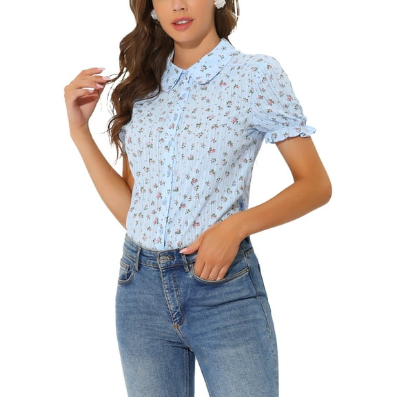 INSPIRE CHIC Valentine's Day Women's Frilled Tops Bubble Sleeves Peter Pan Collar Floral Print Cotton Blouses XL Light Blue