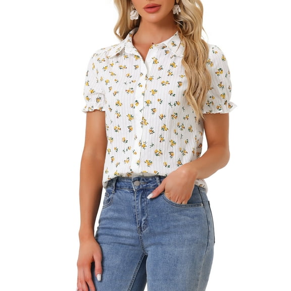 INSPIRE CHIC Valentine's Day Women's Frilled Tops Bubble Sleeves Peter Pan Collar Floral Print Cotton Blouses XL Yellow