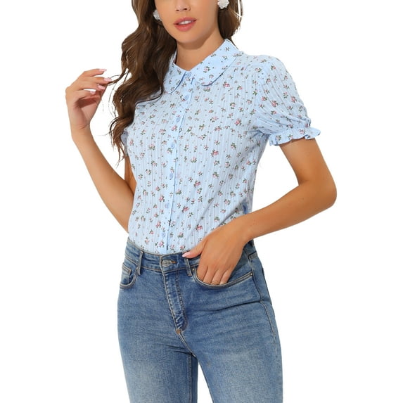 INSPIRE CHIC Valentine's Day Women's Frilled Tops Bubble Sleeves Peter Pan Collar Floral Print Cotton Blouses XS Light Blue