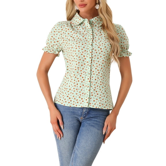 INSPIRE CHIC Valentine's Day Women's Frilled Tops Bubble Sleeves Peter Pan Collar Floral Print Cotton Blouses XS Light Green